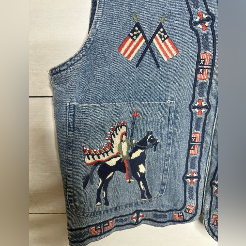 **SOLD**Vintage Americana Western Denim Vest | Embroidered Horses, Eagle & Flags - Picture 2 of 8